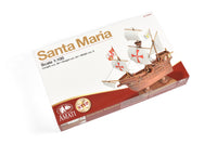 Photo of Amati First Step Model Santa Maria 1:100 scale wooden ship kit showing assembled model with wooden hull and sails.