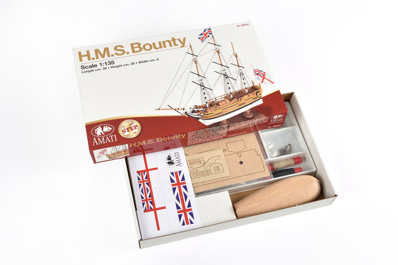 Photo of the Amati HMS Bounty First Step Model Kit in 1:135 scale, assembled wooden beginner ship model