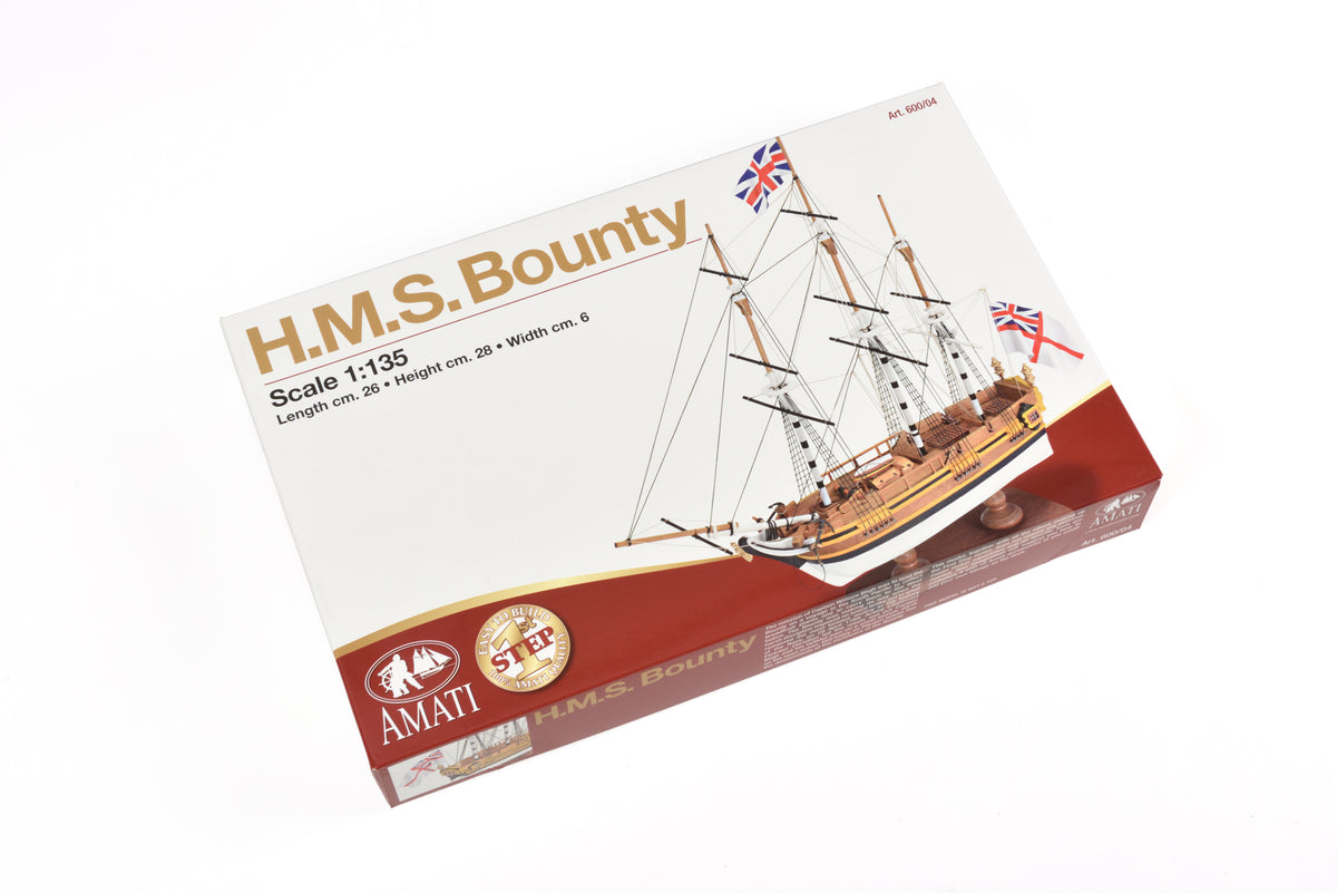 Photo of the Amati HMS Bounty First Step Model Kit in 1:135 scale, assembled wooden beginner ship model