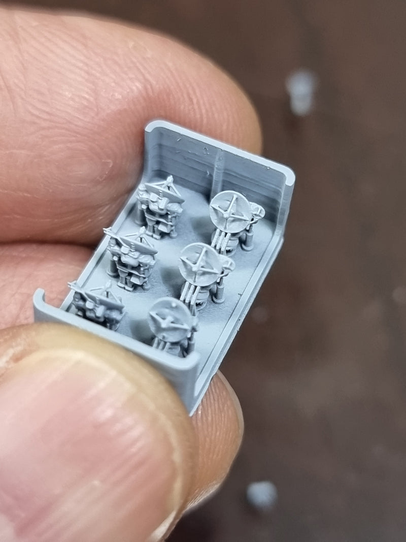 Photo of AN/SPG-60 Illumination Radar 1:700 scale resin model set by HS Model, showing detailed radar parts in 3D printed finish