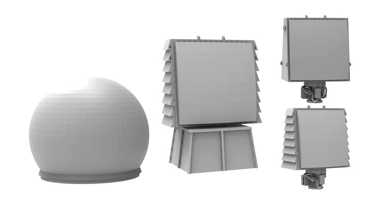 Photo of 1:700 scale AN/SPQ-9A and 9B radar set, 3D printed resin parts by HS Model (HSM-U700009S), showing 8 detailed radar pieces.