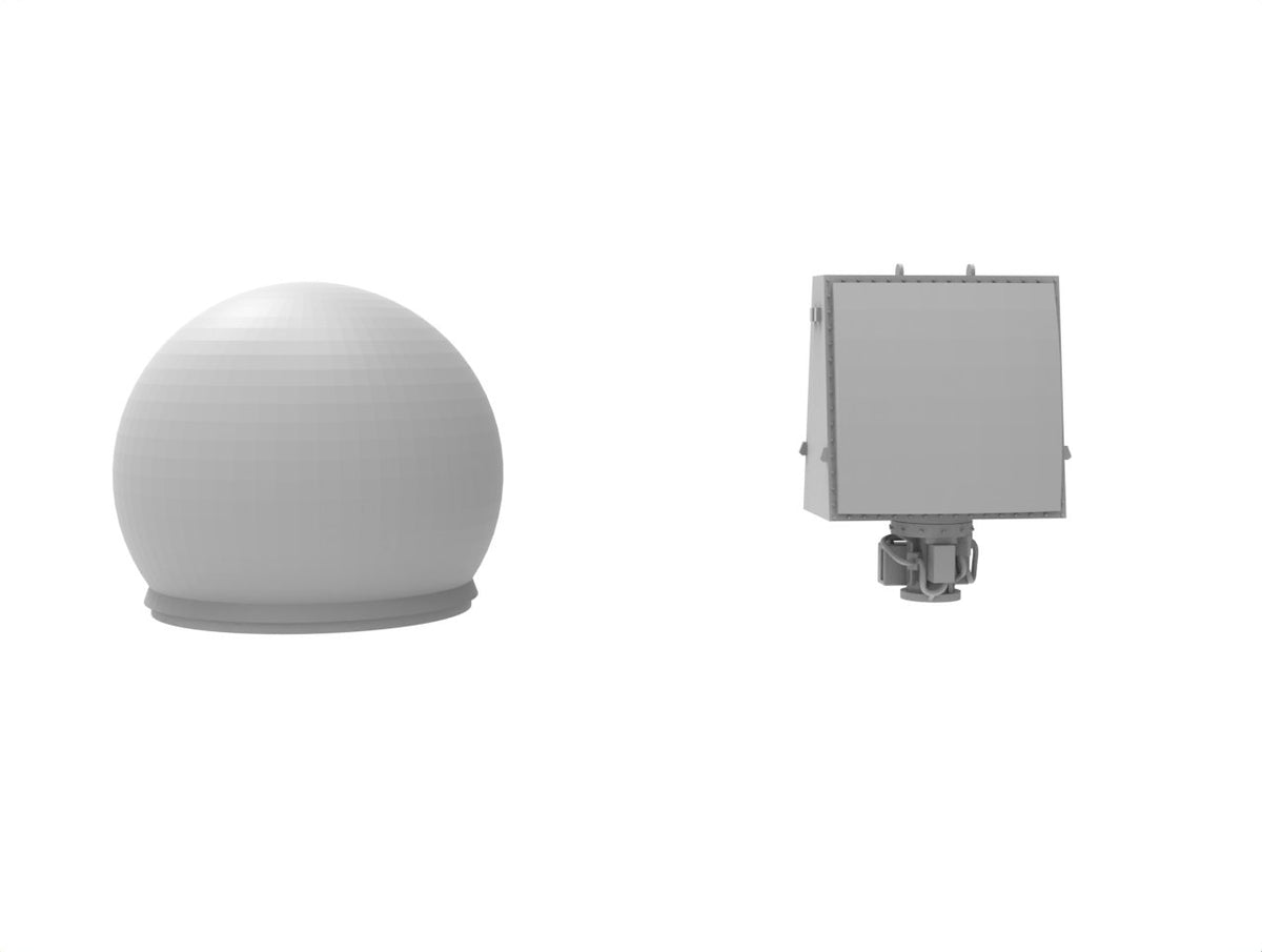 Photo of 1:700 scale AN/SPQ-9A and 9B radar set, 3D printed resin parts by HS Model (HSM-U700009S), showing 8 detailed radar pieces.