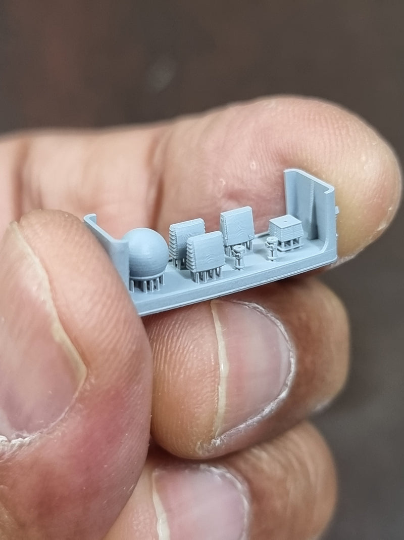 Photo of 1:700 scale AN/SPQ-9A and 9B radar set, 3D printed resin parts by HS Model (HSM-U700009S), showing 8 detailed radar pieces.