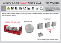 Photo of 1:700 scale AN/SPQ-9A and 9B radar set, 3D printed resin parts by HS Model (HSM-U700009S), showing 8 detailed radar pieces.