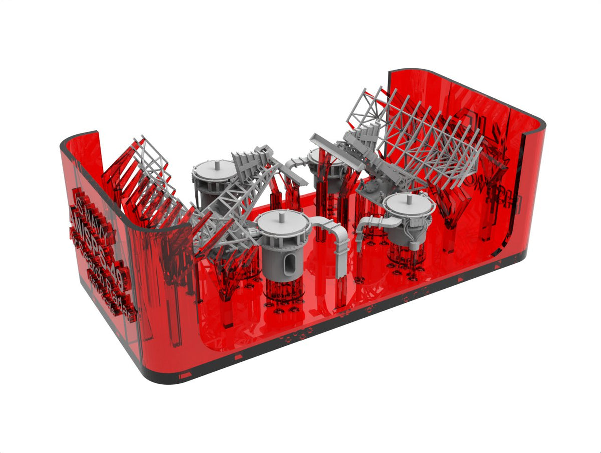 Photo of AN/SPS-49 Air Search Radar 1/350 scale 3D printed resin model set by HS Model HSM-U350069S showing detailed parts and four base types