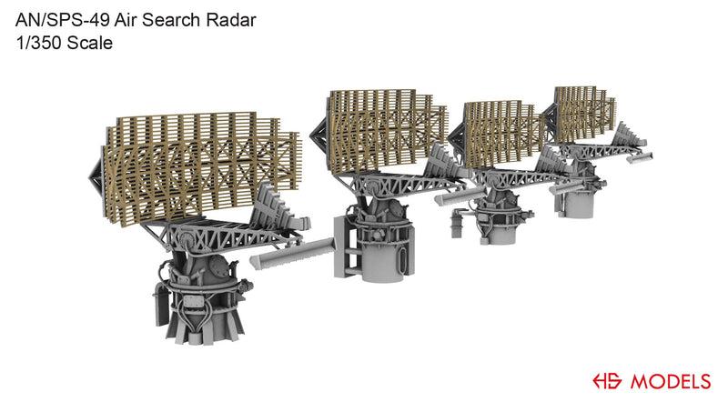 Photo of AN/SPS-49 Air Search Radar 1/350 scale 3D printed resin model set by HS Model HSM-U350069S showing detailed parts and four base types