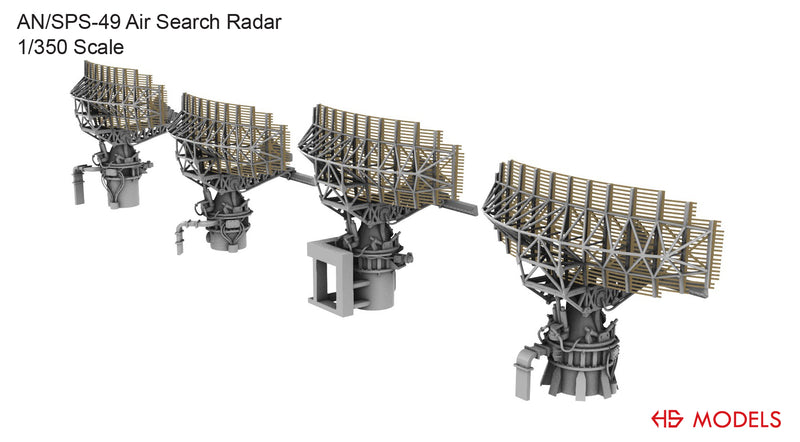 Photo of AN/SPS-49 Air Search Radar 1/350 scale 3D printed resin model set by HS Model HSM-U350069S showing detailed parts and four base types