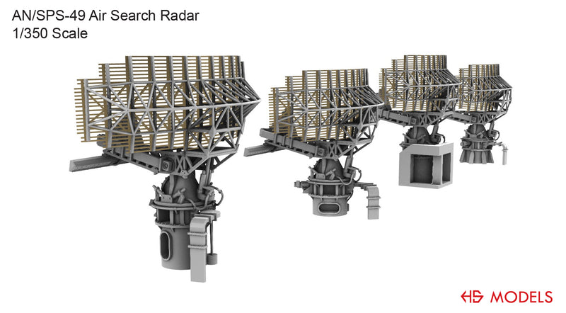 Photo of AN/SPS-49 Air Search Radar 1/350 scale 3D printed resin model set by HS Model HSM-U350069S showing detailed parts and four base types