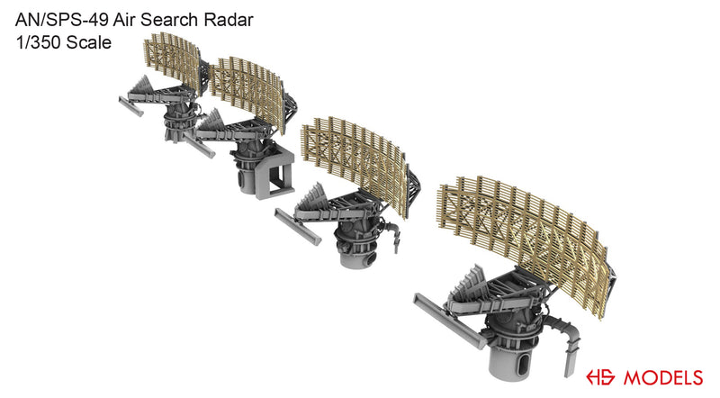 Photo of AN/SPS-49 Air Search Radar 1/350 scale 3D printed resin model set by HS Model HSM-U350069S showing detailed parts and four base types