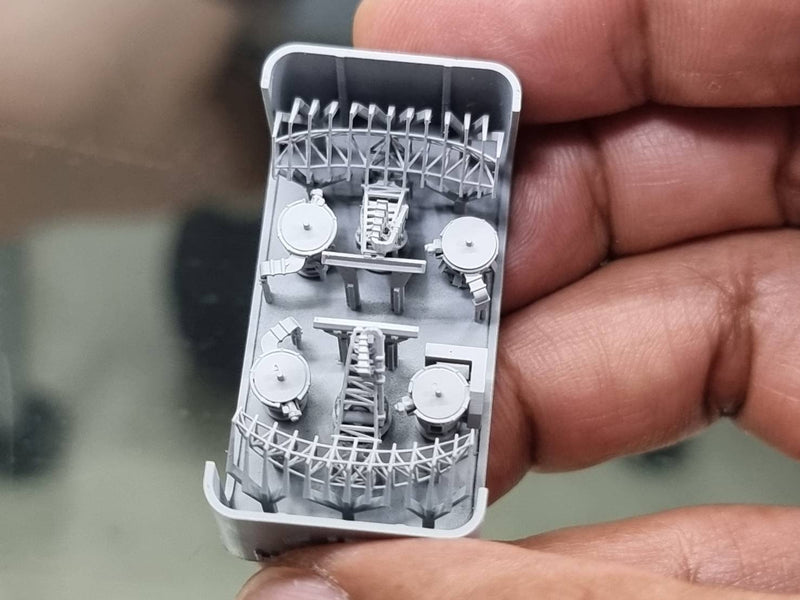 Photo of AN/SPS-49 Air Search Radar 1/350 scale 3D printed resin model set by HS Model HSM-U350069S showing detailed parts and four base types