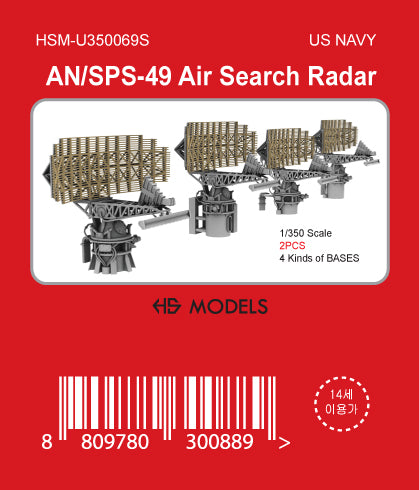 Photo of AN/SPS-49 Air Search Radar 1/350 scale 3D printed resin model set by HS Model HSM-U350069S showing detailed parts and four base types