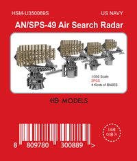 Photo of AN/SPS-49 Air Search Radar 1/350 scale 3D printed resin model set by HS Model HSM-U350069S showing detailed parts and four base types