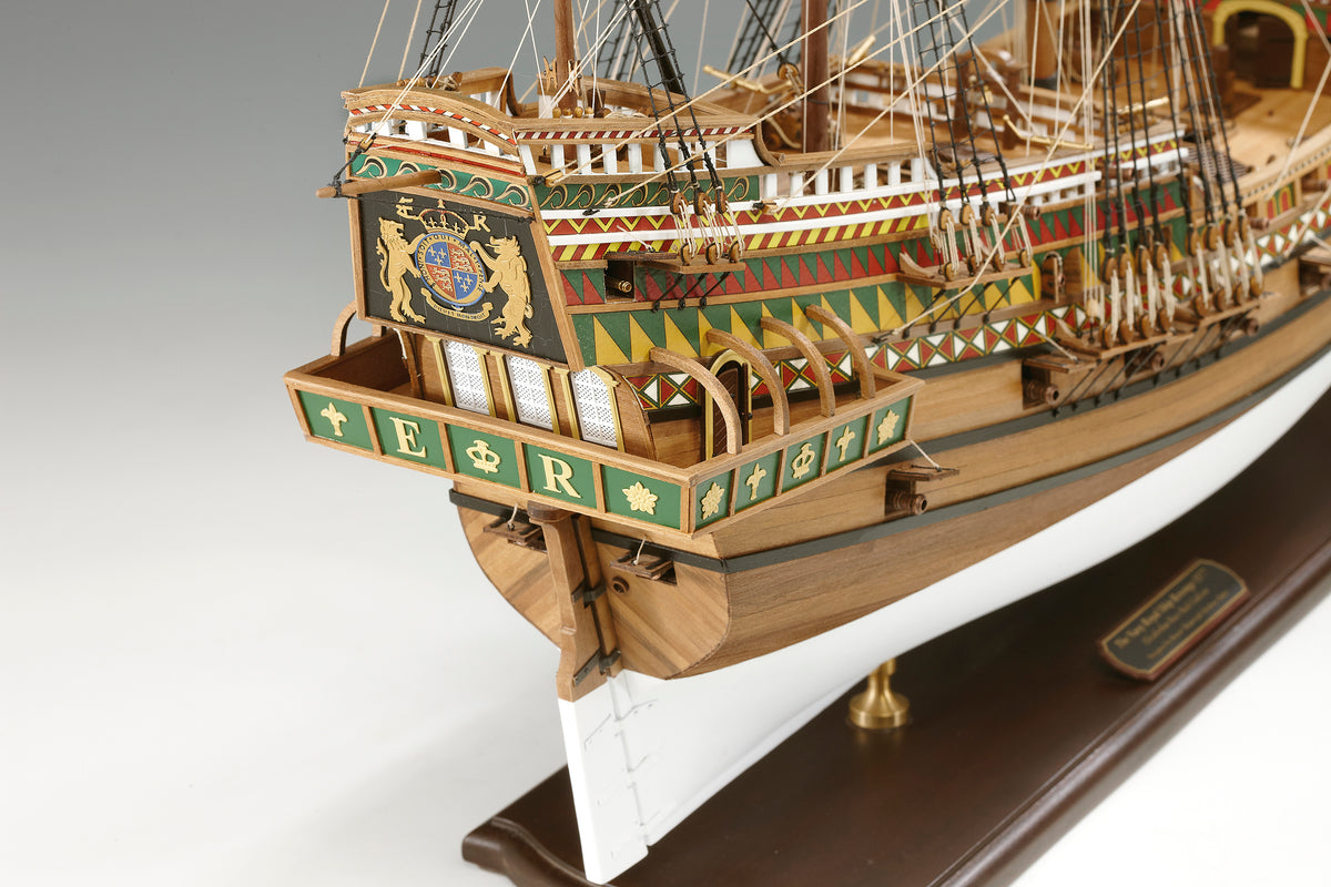 Photo of Amati Revenge wooden ship model kit 1:64 scale showing detailed 16th-century English galleon with sails, rigging, and wooden hull.