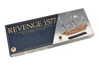 Photo of Amati Revenge wooden ship model kit 1:64 scale showing detailed 16th-century English galleon with sails, rigging, and wooden hull.