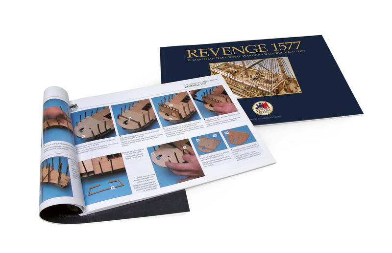 Photo of Amati Revenge wooden ship model kit 1:64 scale showing detailed 16th-century English galleon with sails, rigging, and wooden hull.