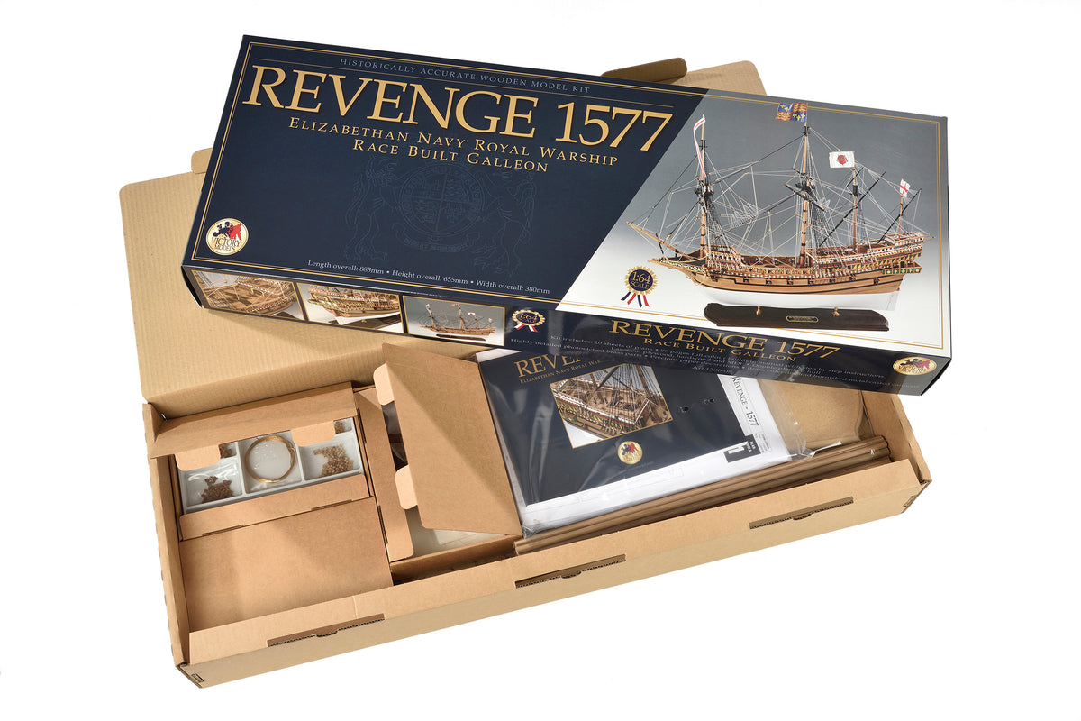 Photo of Amati Revenge wooden ship model kit 1:64 scale showing detailed 16th-century English galleon with sails, rigging, and wooden hull.
