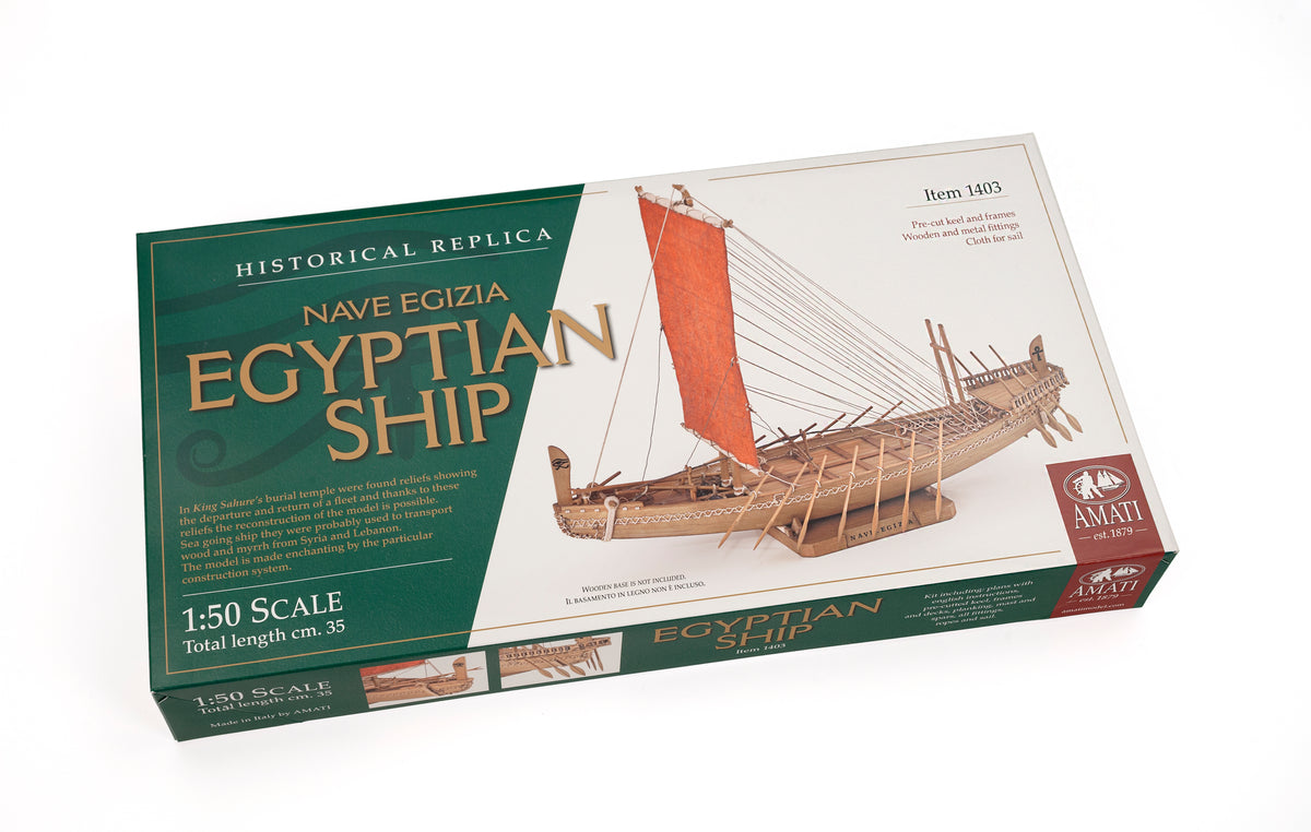 Photo of Amati B1403 Egyptian Ship model kit in 1:50 scale, wooden ancient Egyptian vessel with fabric sails