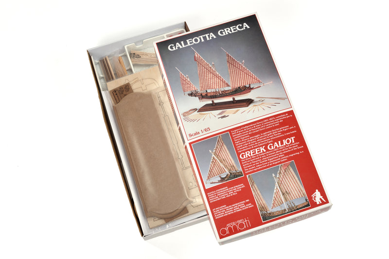 Photo of Amati Greek Galley 1:65 wooden model ship kit with sails and wooden base, depicting a historic Greek warship from the War of Independence.