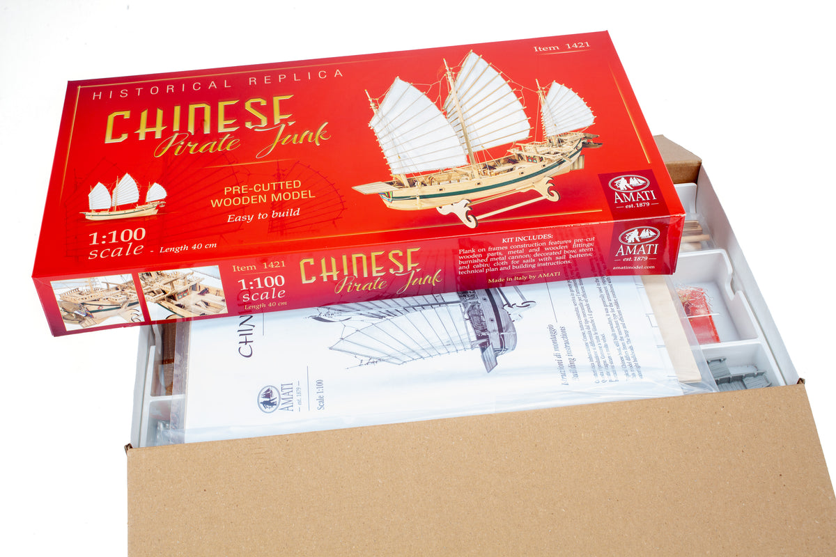 Photo of Chinese Pirate Junk wooden model kit Amati B1421 1:100 scale with sails and detailed rigging