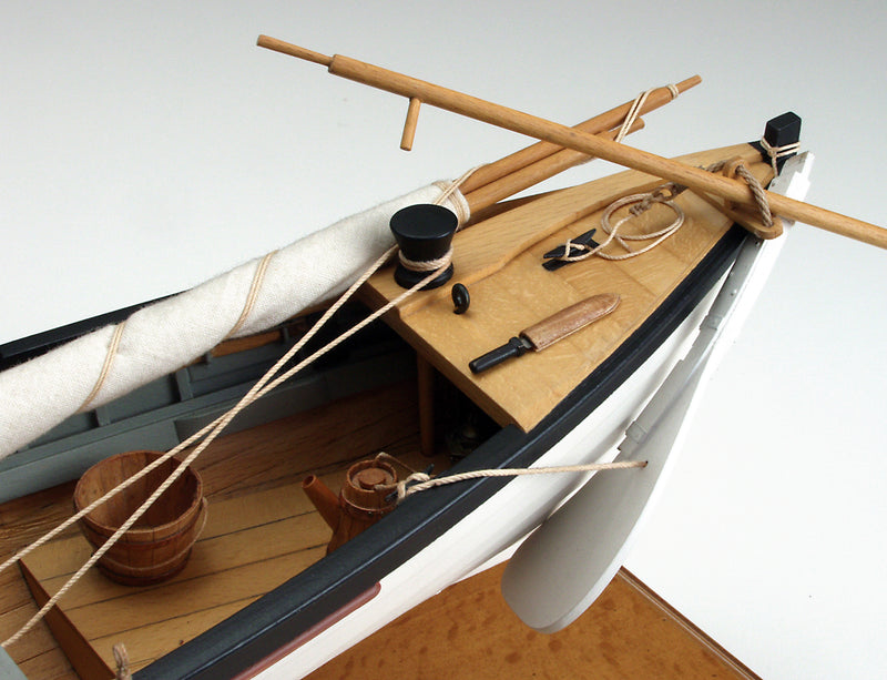 Photo of the Amati 1:16 scale New Bedford Whaleboat model kit showing detailed wooden construction and historical maritime design.
