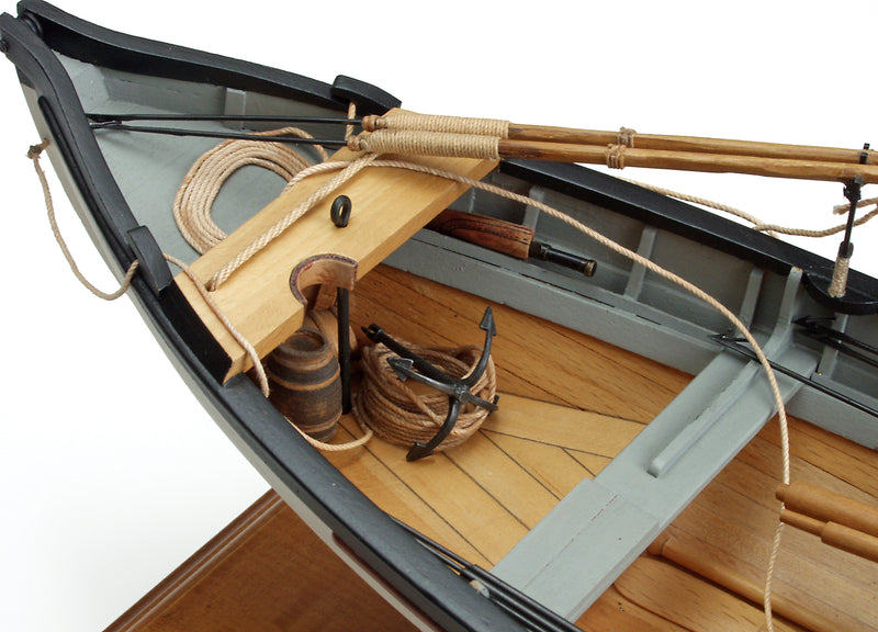 Photo of the Amati 1:16 scale New Bedford Whaleboat model kit showing detailed wooden construction and historical maritime design.