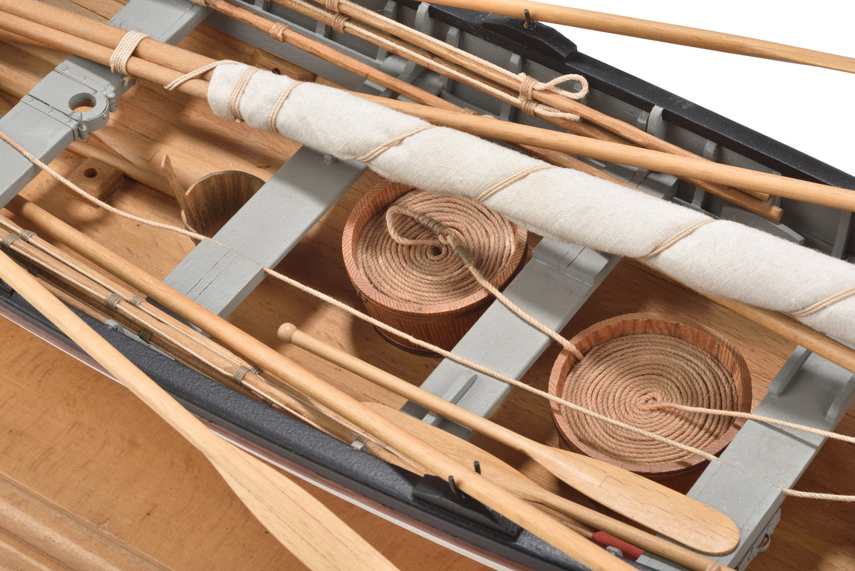 Photo of the Amati 1:16 scale New Bedford Whaleboat model kit showing detailed wooden construction and historical maritime design.