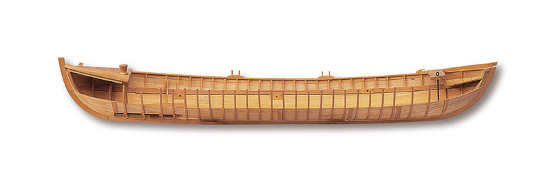 Photo of the Amati 1:16 scale New Bedford Whaleboat model kit showing detailed wooden construction and historical maritime design.