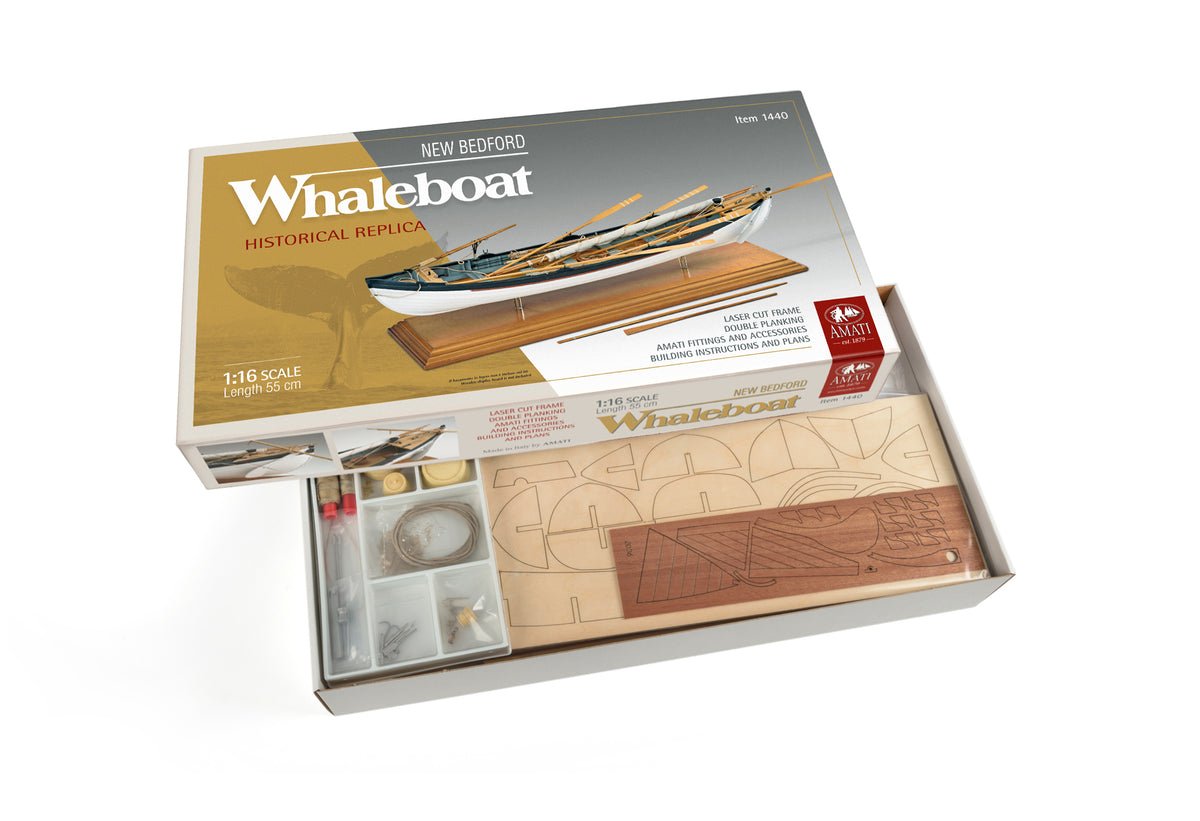 Photo of the Amati 1:16 scale New Bedford Whaleboat model kit showing detailed wooden construction and historical maritime design.