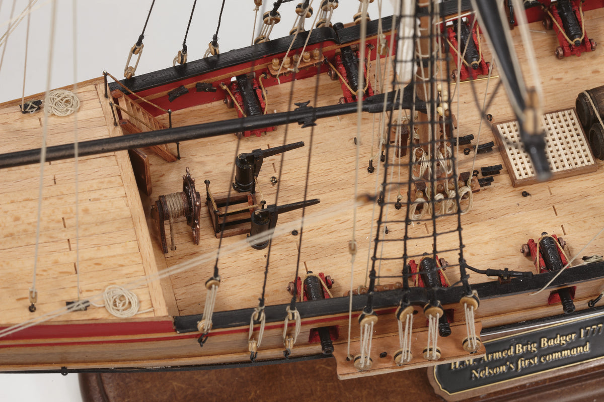 Photo of HM Badger 1777 wooden model ship kit by Amati B1300/07 in 1:64 scale, Royal Navy brig commanded by Horatio Nelson