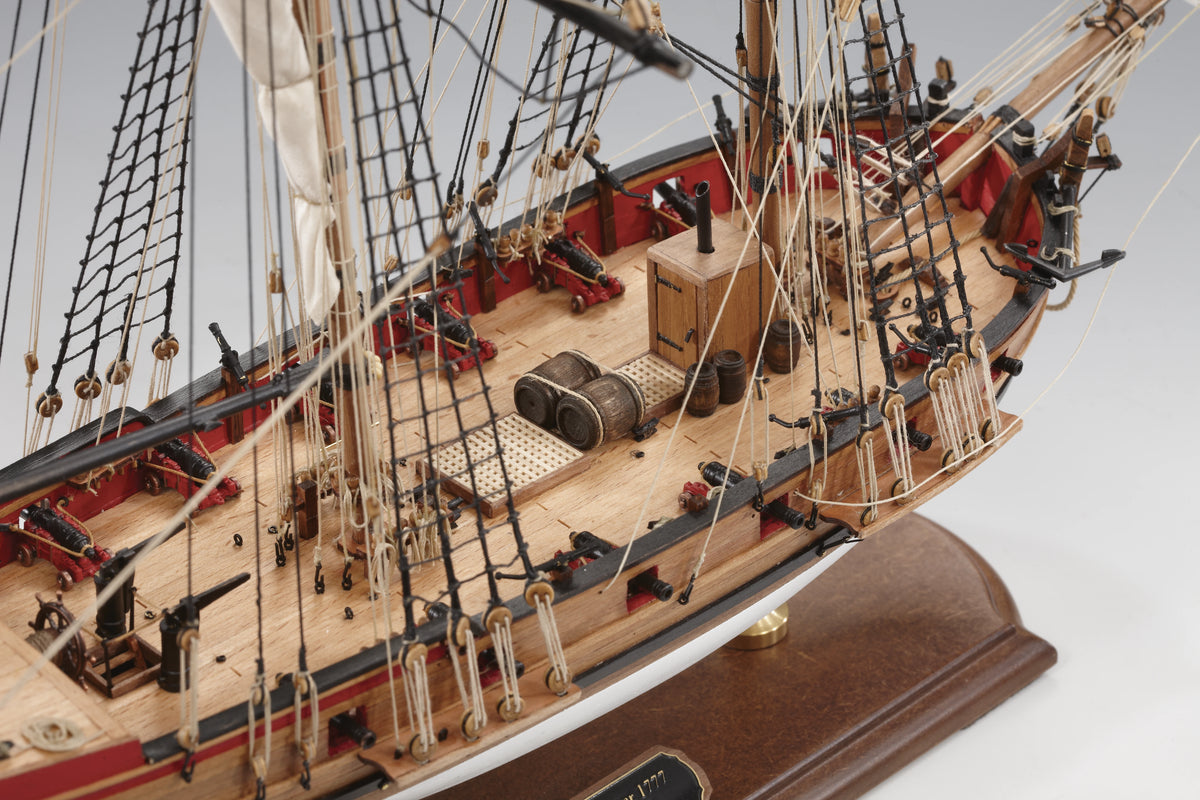 Photo of HM Badger 1777 wooden model ship kit by Amati B1300/07 in 1:64 scale, Royal Navy brig commanded by Horatio Nelson