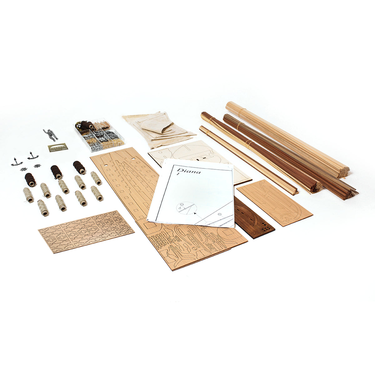 A furniture assembly kit laid out on a white background, including wood veneer panels, bamboo rods, dowels, metal brackets, screws, and instruction sheets. The brand name 'Dhaka' is visible on one of the instruction sheets.