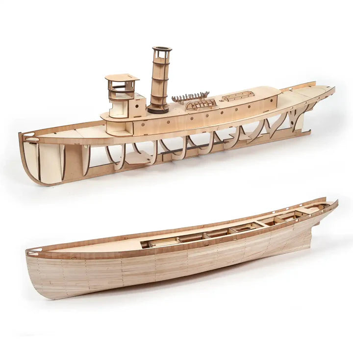 A wooden model of a longship boat shown from two angles: a side view with a smokestack and rigging, and a lower front/side view showing the interior structure, all on a clean white background.