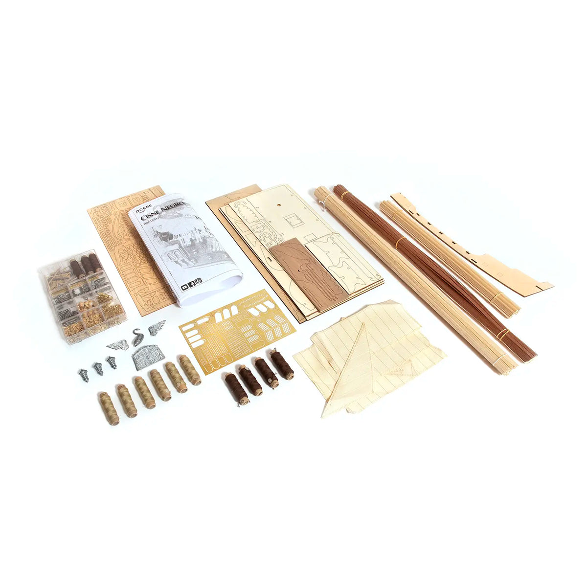 Photo of OcCre Black Swan wooden model ship kit 1:75 scale, detailed pirate vessel with sails and nameplate