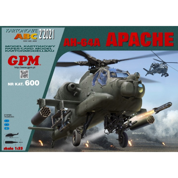 Photo of 1:33 scale AH-64A Apache helicopter model kit by GPM, showing detailed design and packaging.