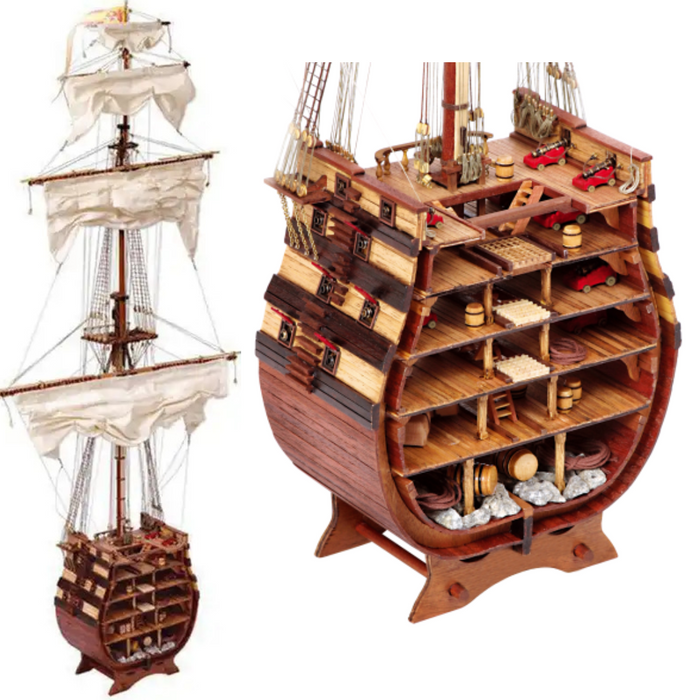 Photo of the Santísima Trinidad cross-section model kit by OcCre in 1/90 scale, showcasing detailed inner ship structure and mainmast elements.