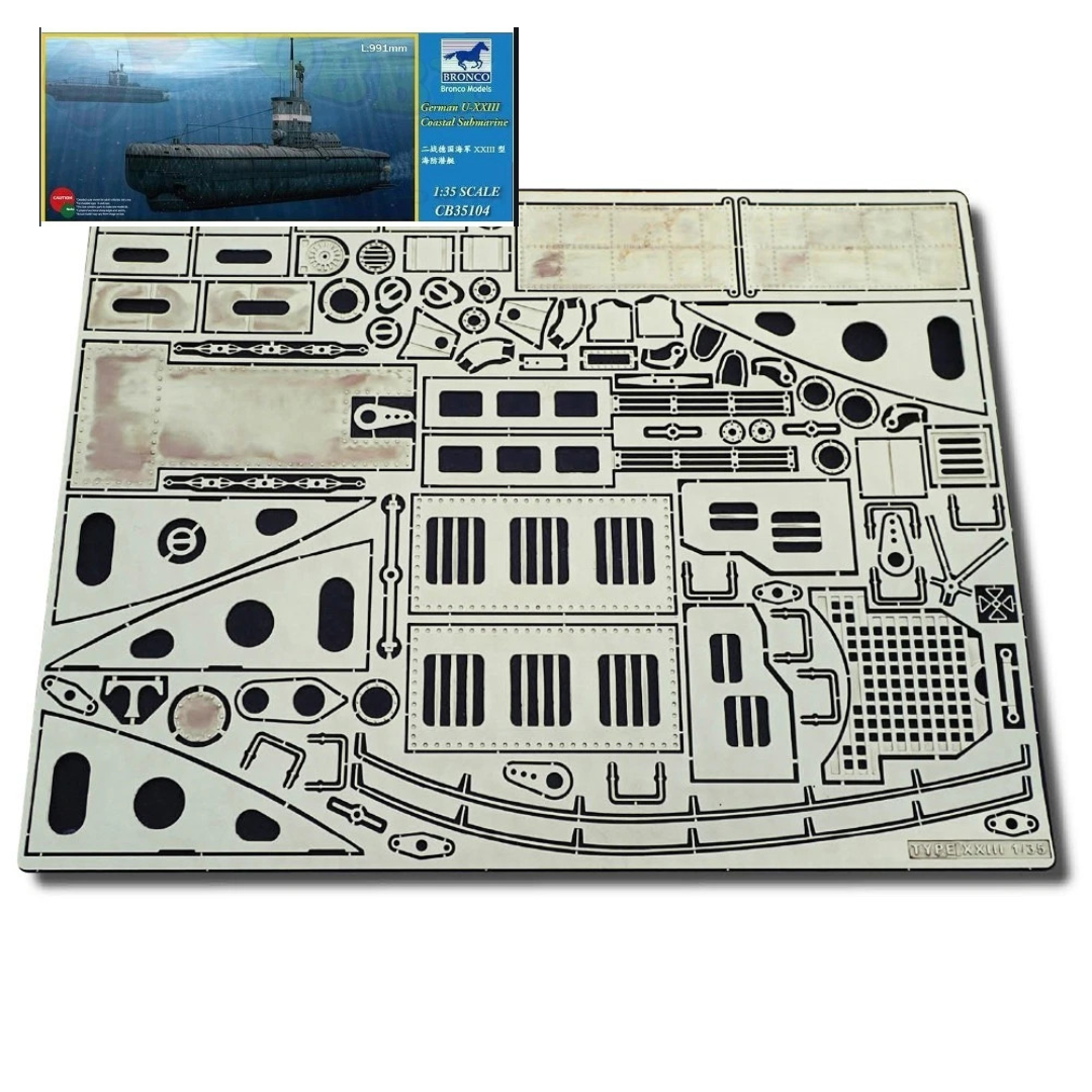 Photo of German U-Boat Type XXIII detail set with photo-etched and 3D printed resin parts for Bronco 35104 scale 1:35 submarine model