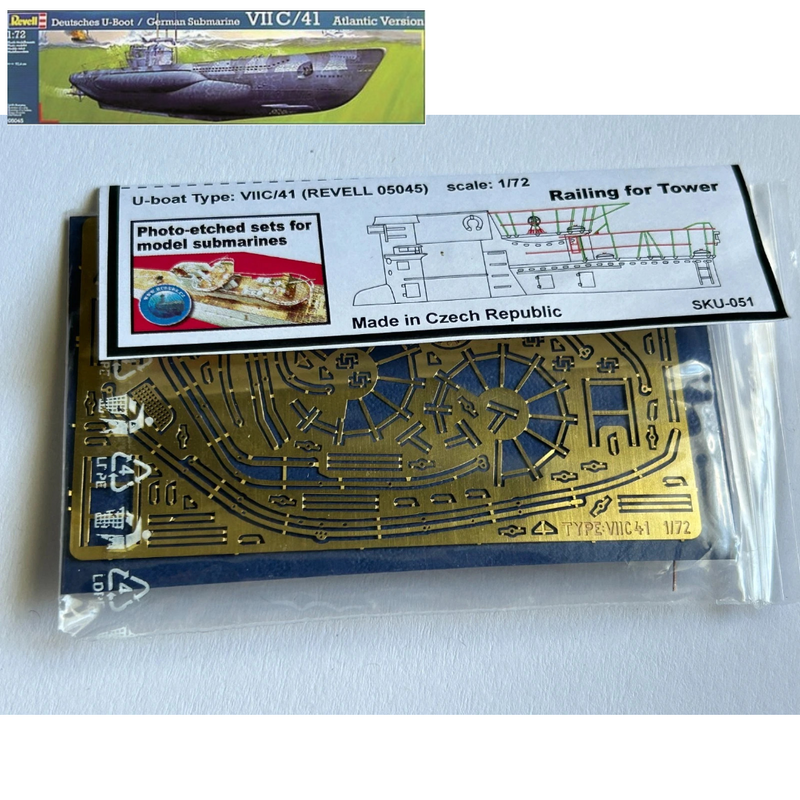 Photo of photo-etched brass detail set for German U-Boat Type VIIC/41 Revell 05045 in 1:72 scale, manufactured in Czech Republic
