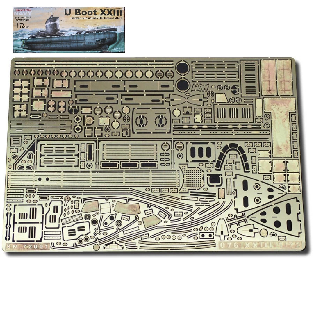 Photo of photo-etched brass detail set for German U-Boat Type XXIII in 1:72 scale, showing deck, railings, and conning tower parts.
