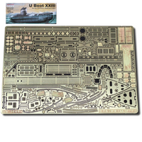 Photo of photo-etched brass detail set for German U-Boat Type XXIII in 1:72 scale, showing deck, railings, and conning tower parts.