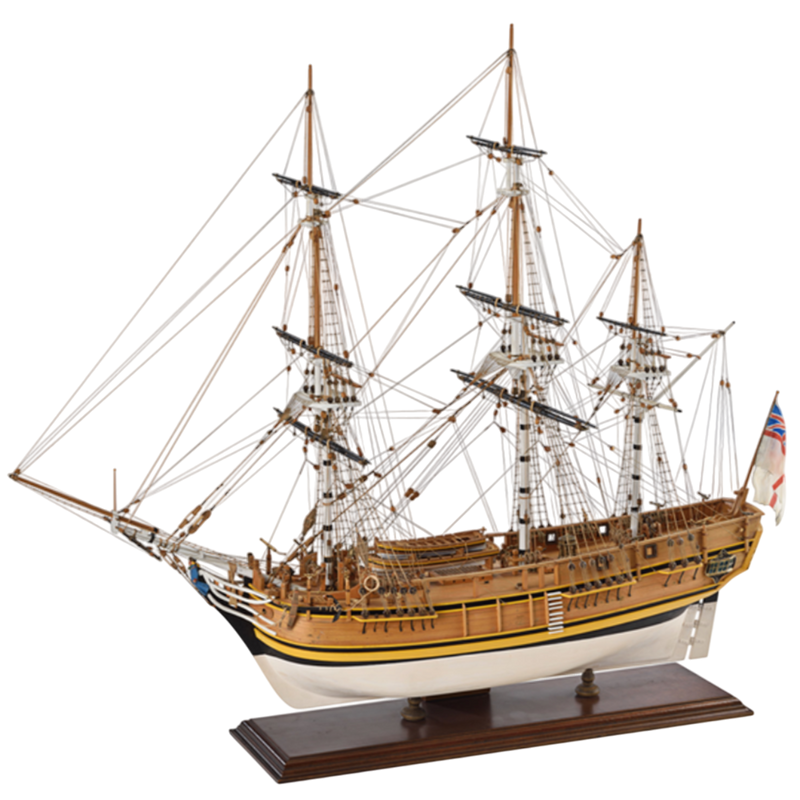Image showcasing the Amati HMS Bounty wooden model kit, featuring detailed components for assembling a scale replica of the historic 18th-century British naval ship, complete with intricate rigging, sails, and deck structures.