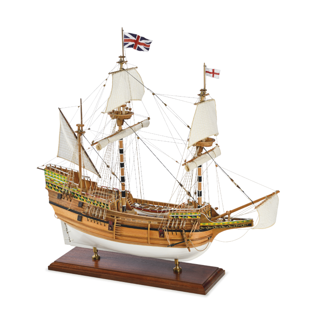 Image displaying the Amati Mayflower wooden model kit, featuring the detailed components and tools for assembling a historically accurate replica of the 17th-century Pilgrim ship, showcasing intricate craftsmanship and authentic design.