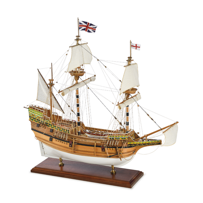 Image displaying the Amati Mayflower wooden model kit, featuring the detailed components and tools for assembling a historically accurate replica of the 17th-century Pilgrim ship, showcasing intricate craftsmanship and authentic design.