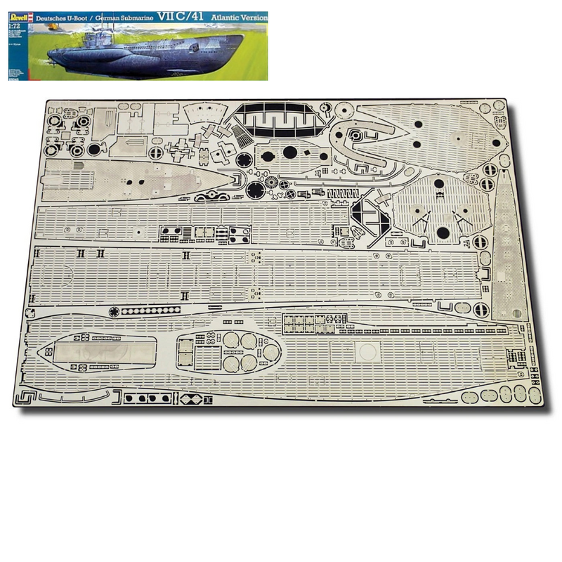 Photo of photo-etched brass upgrade parts for 1:72 scale German U-Boat Type VIIC41 model, designed for Revell 05045 kit