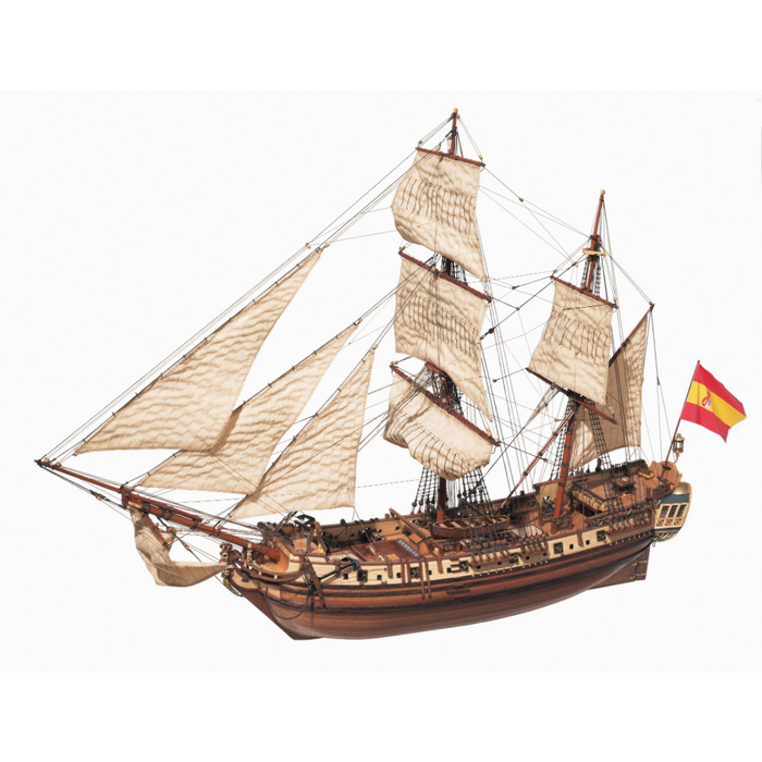 Photo of the La Candelaria 1:85 wooden model ship kit by OcCre showcasing detailed hull, masts and deck features