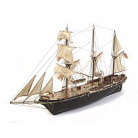 Photo of OcCre Endurance 1:70 wooden model ship kit with sails, nameplate, and detailed wooden construction