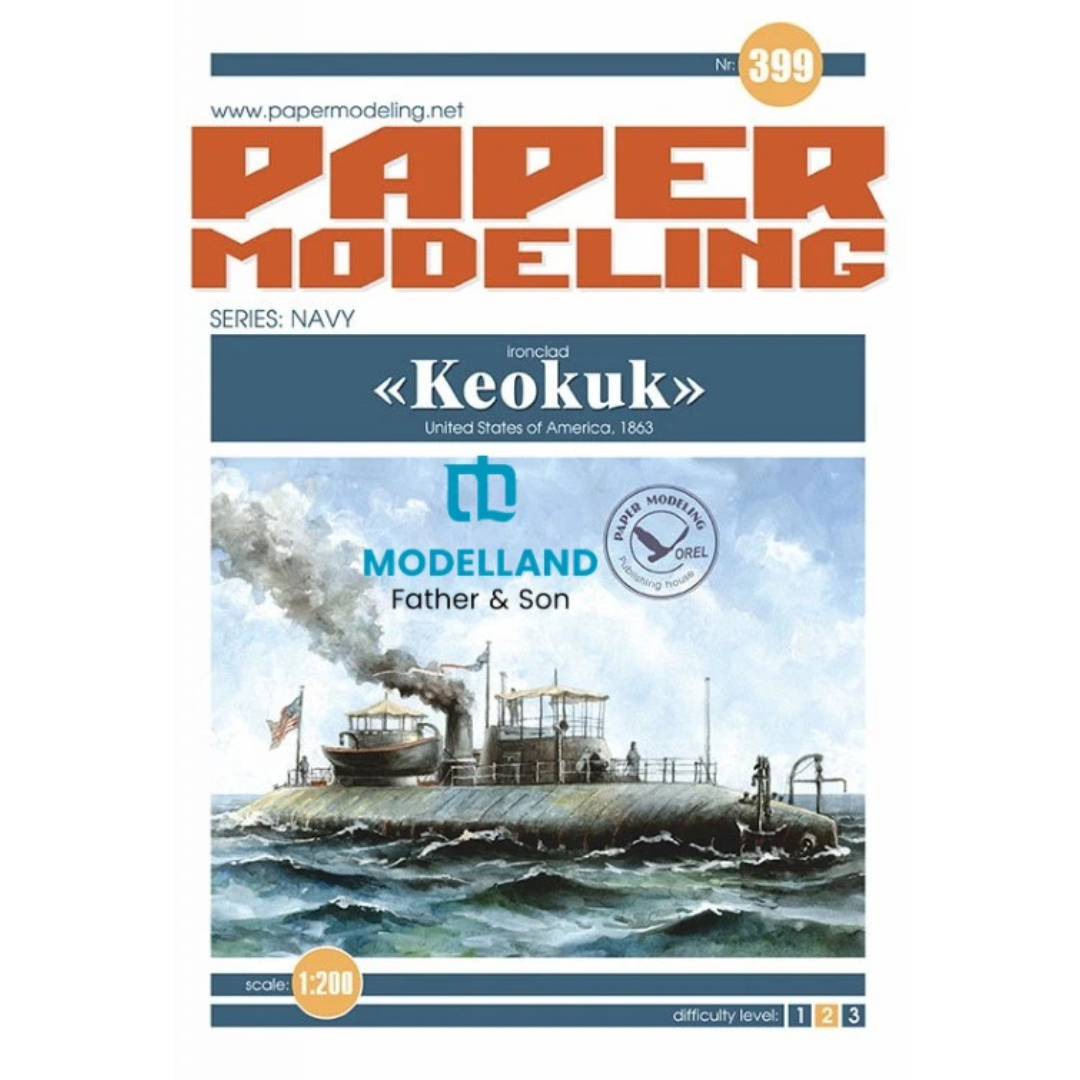Paper Modeling magazine cover featuring a navy submarine illustration with the title 'Keokuk' and branding for Modelland, Father & Son, on a white background.