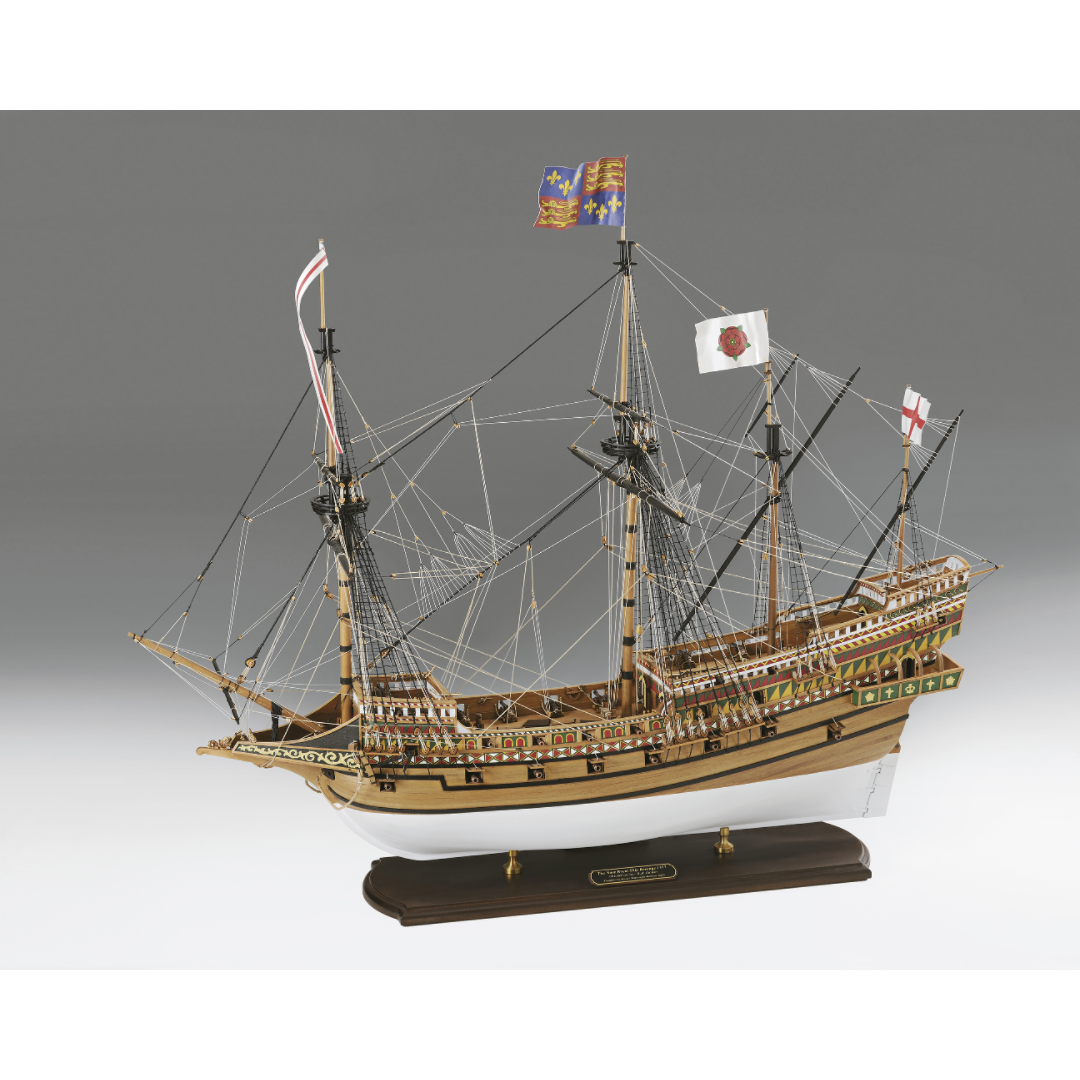 Photo of Amati Revenge wooden ship model kit 1:64 scale showing detailed 16th-century English galleon with sails, rigging, and wooden hull.