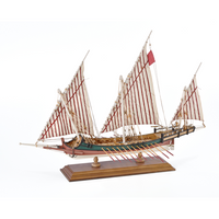 Photo of Amati Greek Galley 1:65 wooden model ship kit with sails and wooden base, depicting a historic Greek warship from the War of Independence.