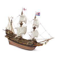 Photo of OcCre Golden Hind 1:85 wooden model ship kit showing detailed wooden hull and historical galleon design.