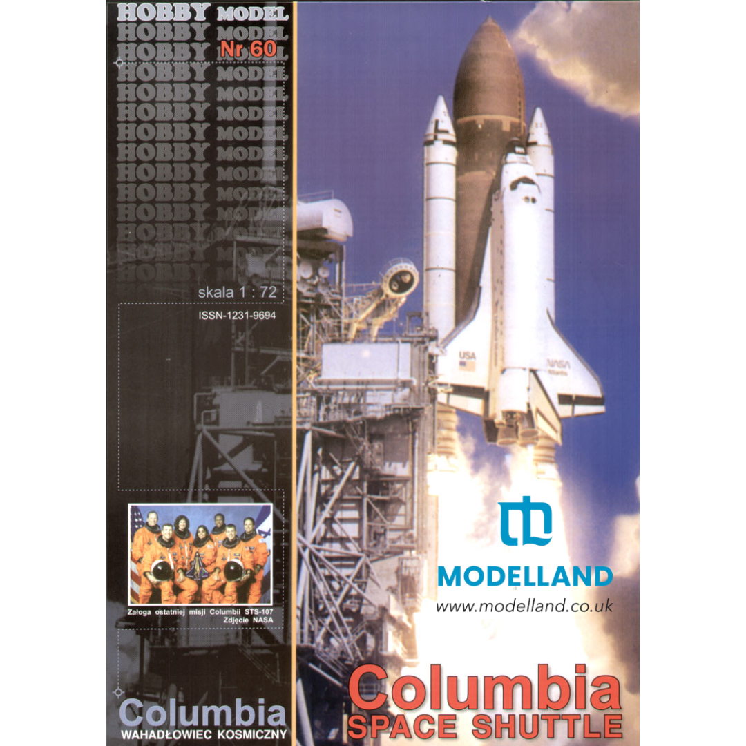 Front cover of a Modelland hobby model kit for the Columbia space shuttle, scale 1:72. The cover features a large photograph of the space shuttle launching, with a black sidebar on the left containing the repeated 'HOBBY MODEL' text, product number 60, ISSN, and a small color photo of the crew.